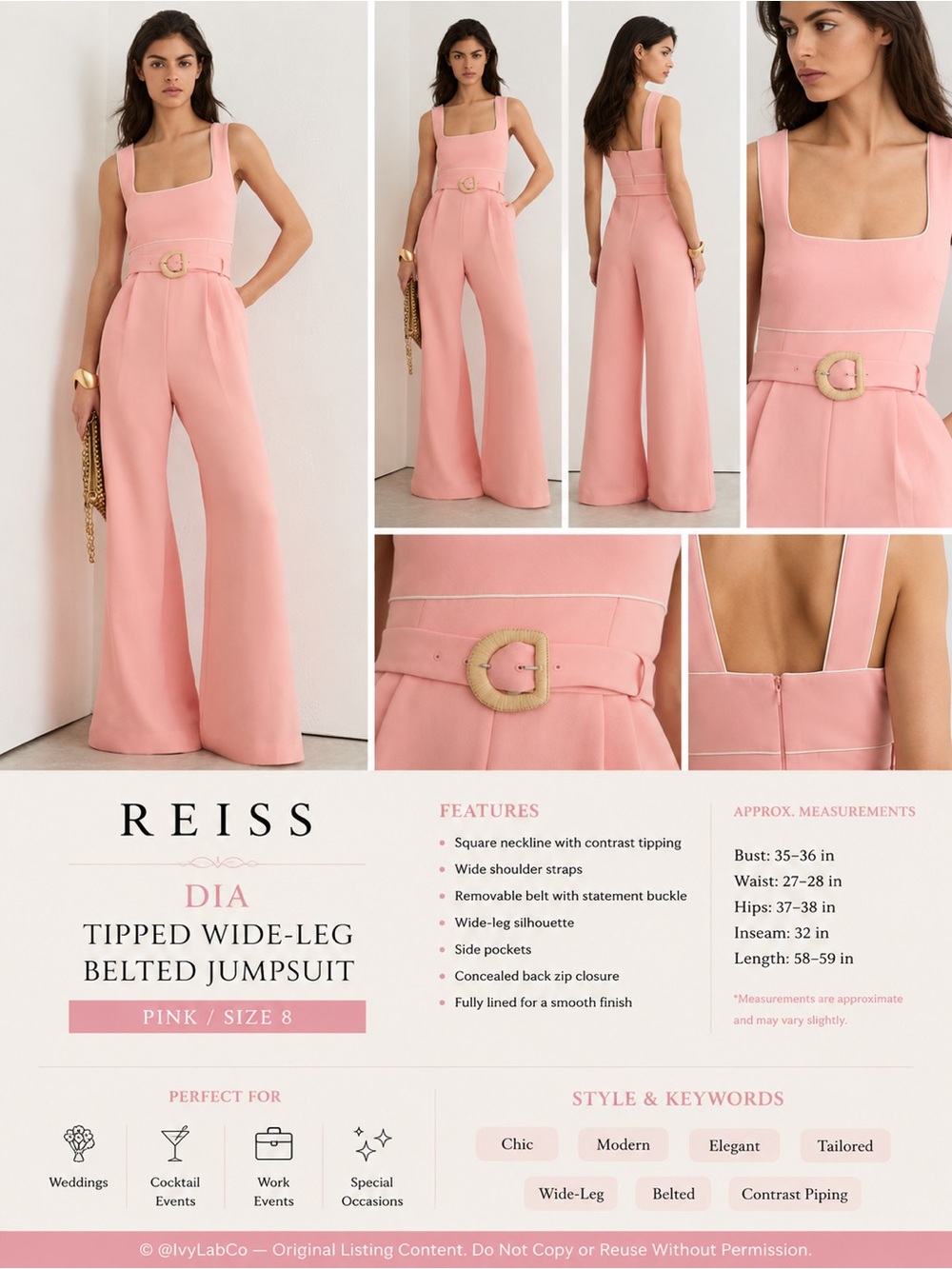 Reiss Dia Tipped Wide-Leg Belted Jumpsuit Pink Square Neck Size 8